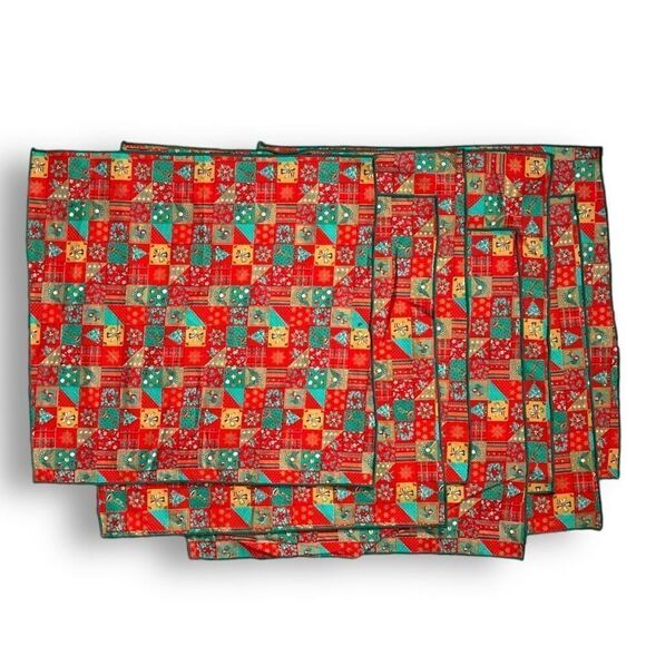 Holiday Christmas Patchwork Print Red Green Placemats Poinsettia Angel Ornament - Picture 1 of 6